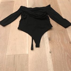 Petite wrap front off the shoulder body suit